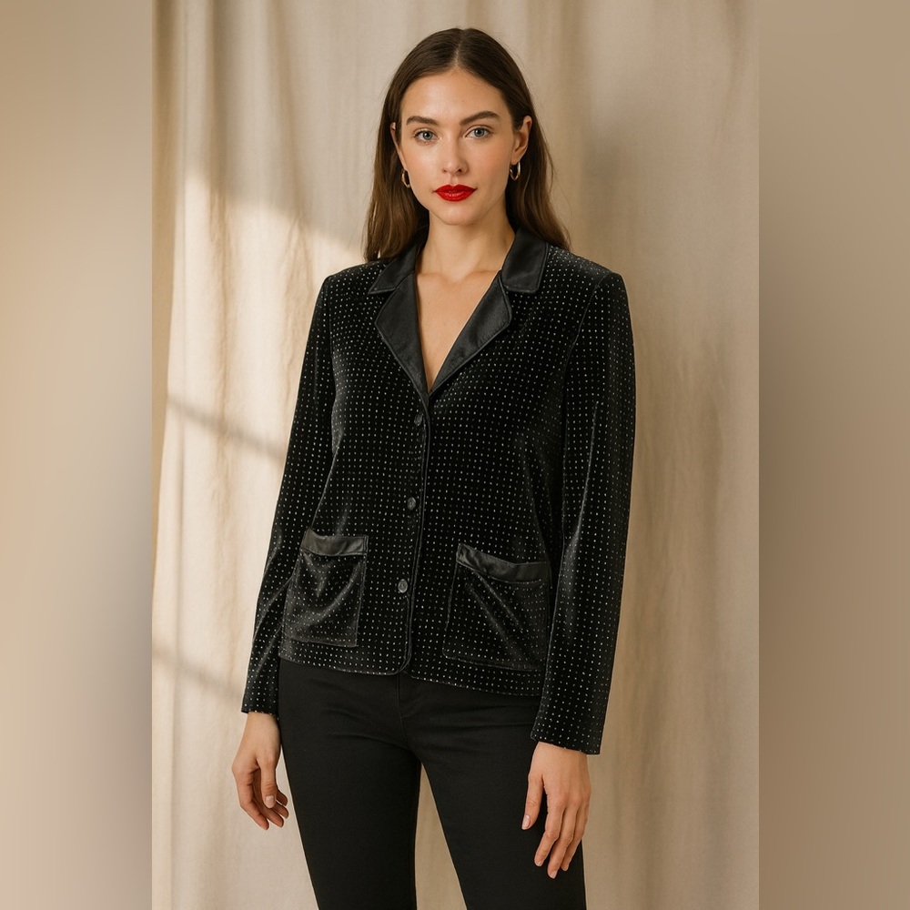 Victoria’s Secret Black Velvet Studded Satin Trim Jacket‎ Top Women’s Small NYE